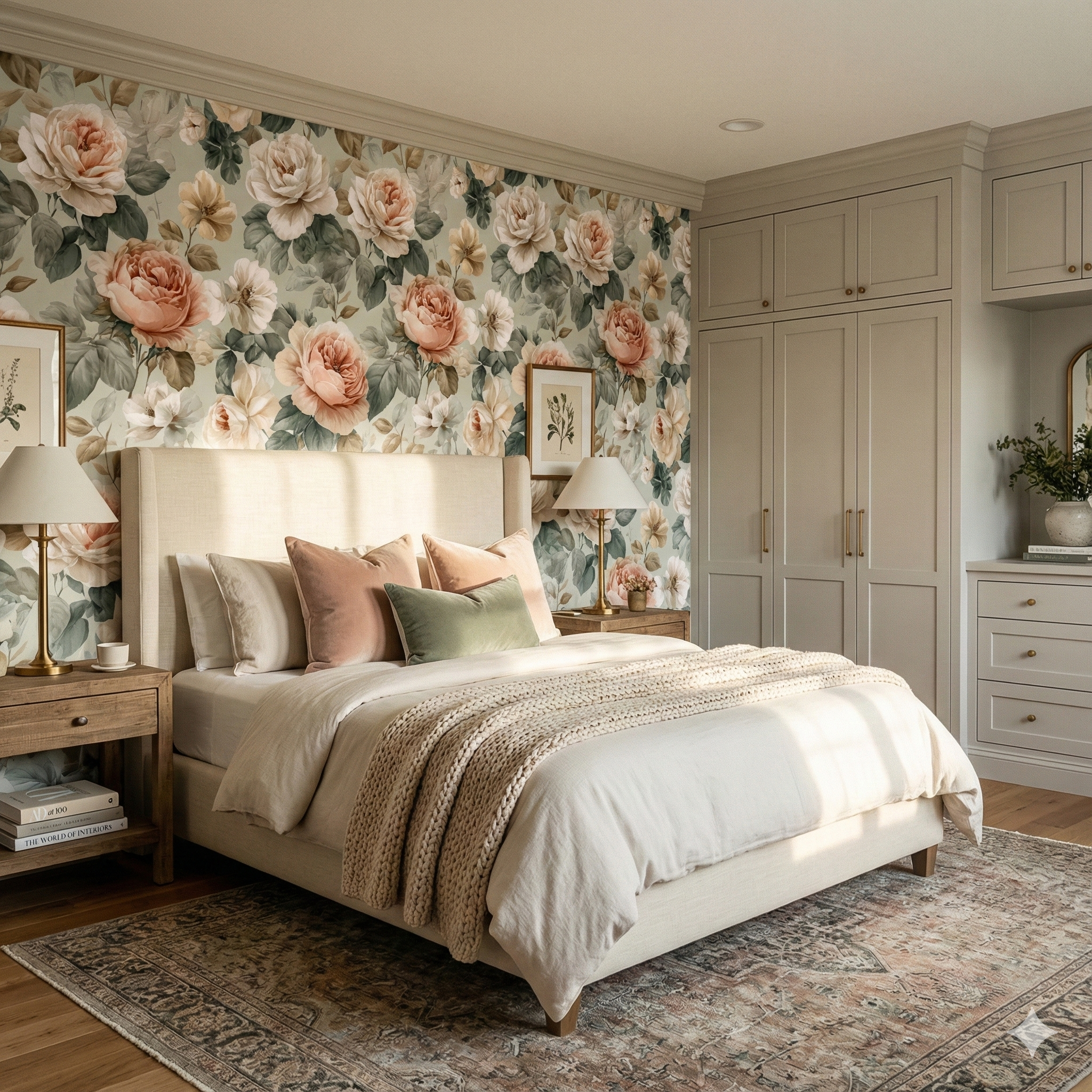 Floral Portwyn Peony Wallpaper with a pattern of pink roses and green leaves, decorating a stylish bedroom.
