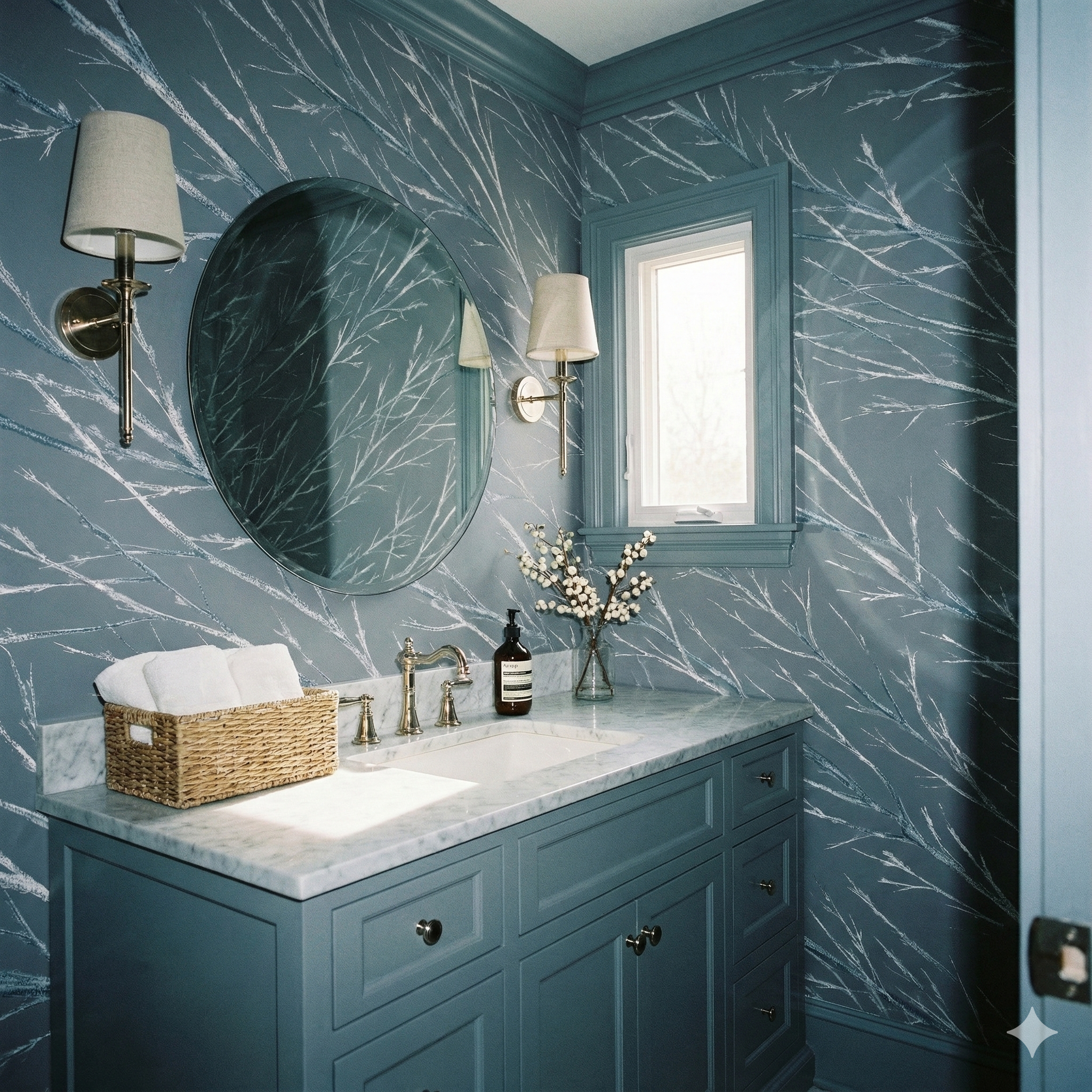 Glacialis Vein wallpaper with branches pattern, no brand provided, in a modern bathroom setting with light and dark hues.