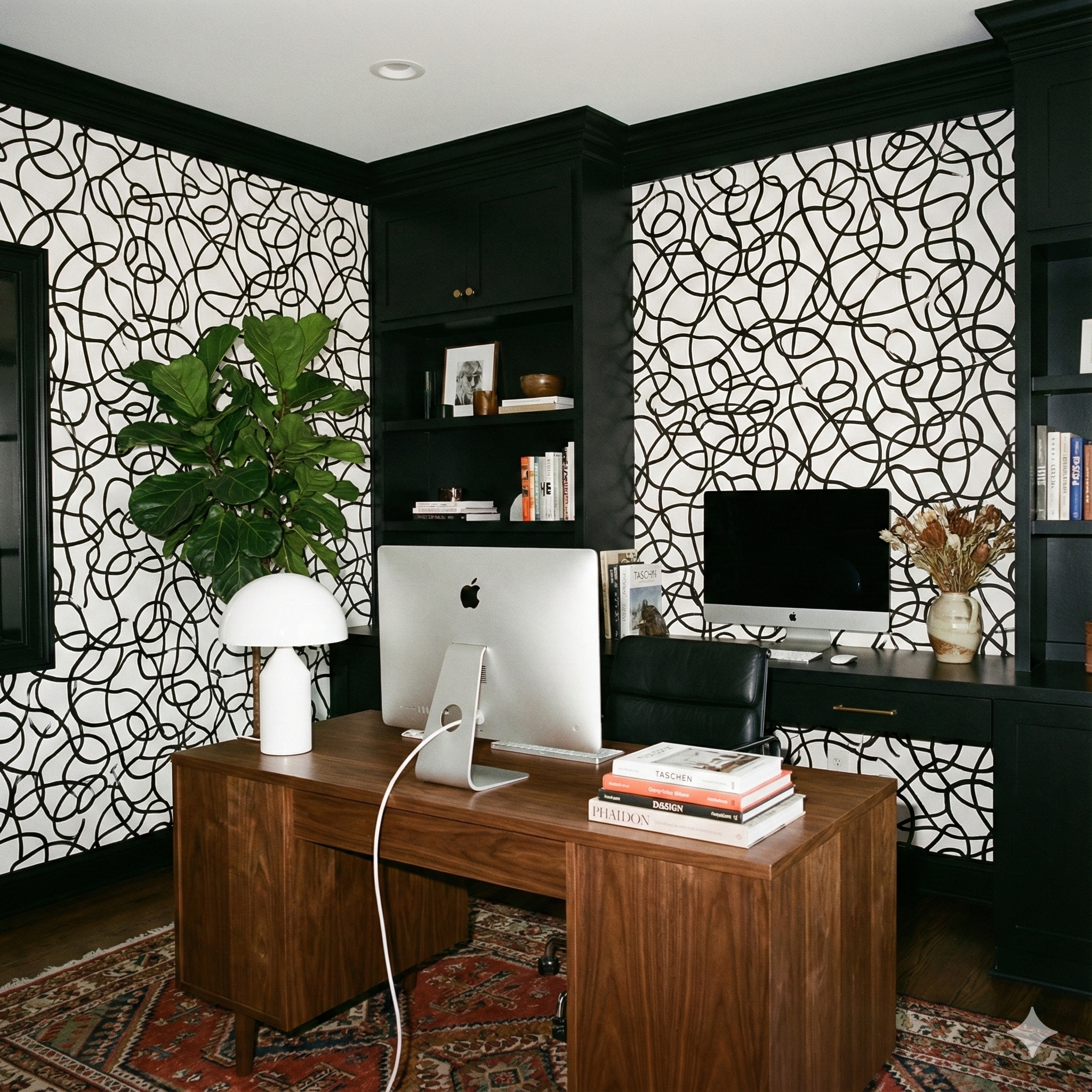 Black and white Inkline Carousel Wallpaper with an abstract swirling pattern, covering the walls in an office setting.