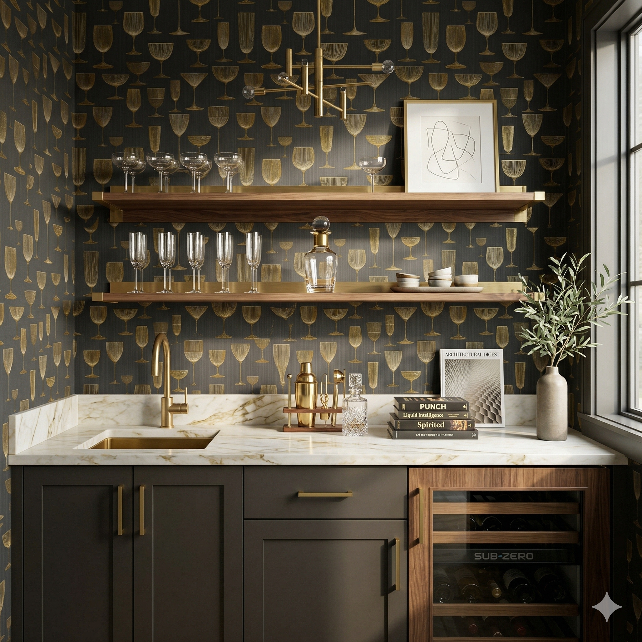 Nocturne Coupe wallpaper with dark gray background by York Wallcoverings featuring an all-over gold drinkware pattern.