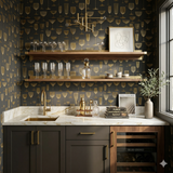 Nocturne Coupe wallpaper with dark gray background by York Wallcoverings featuring an all-over gold drinkware pattern.
