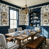 Fleetwater Hounds wallpaper with a blue-and-white dog pattern, covering the walls of a blue wainscoted dining room.
