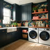 Imperial Maracá Wallpaper featuring tropical foliage and parrots, covering a laundry room wall.
