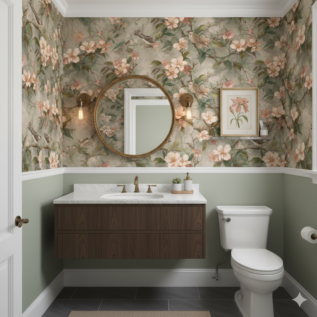 Pearl Finch Garden Wallpaper featuring birds and floral pattern, covering the bathroom wall.