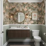 Pearl Finch Garden Wallpaper featuring birds and floral pattern, covering the bathroom wall.