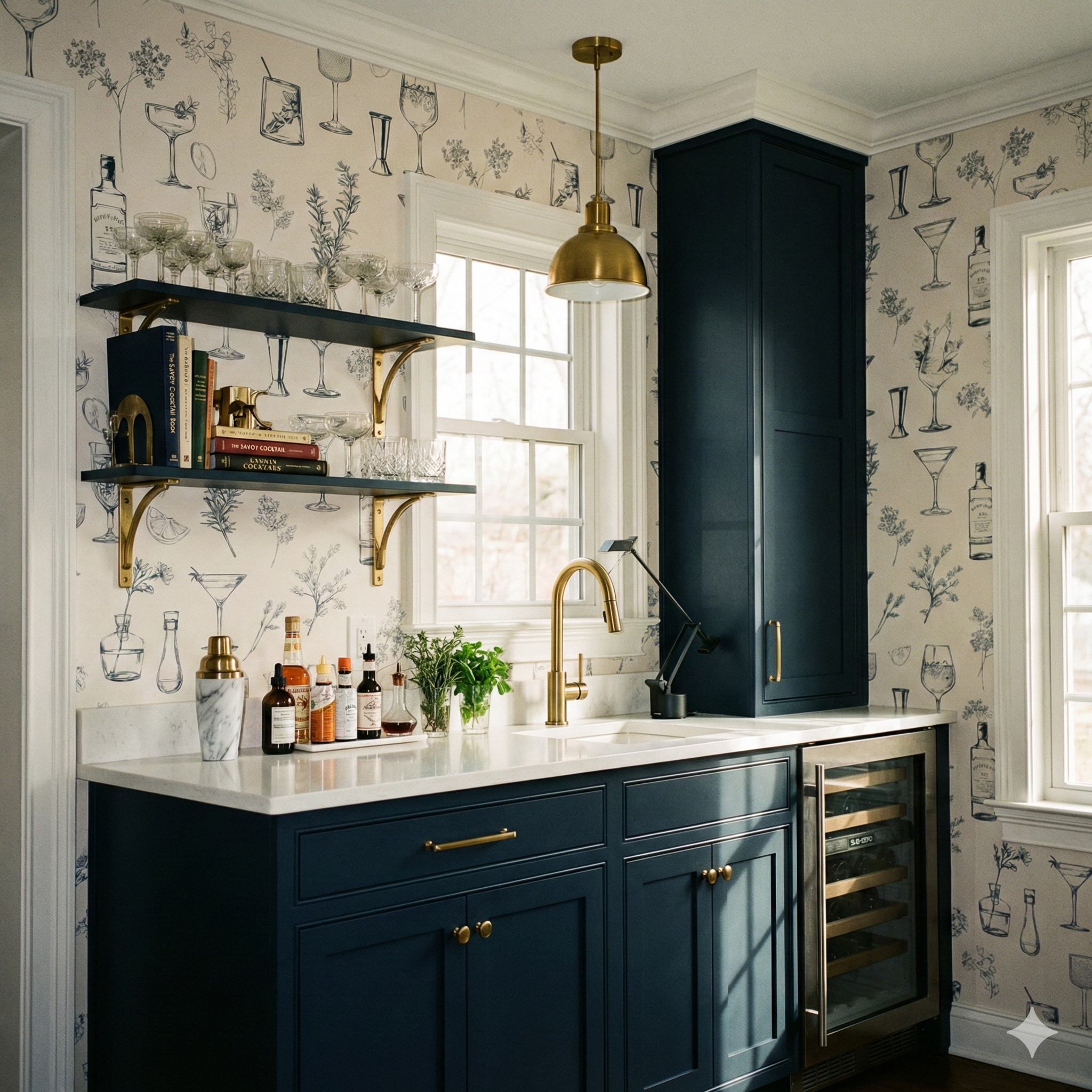 Tonic Sketches Wallpaper with cocktail and botanical pattern, covering walls in a stylish kitchen area.
