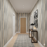 Sandswept Strata wallpaper with vertical stripes in neutral hues, creating a textured, modern wall covering.
