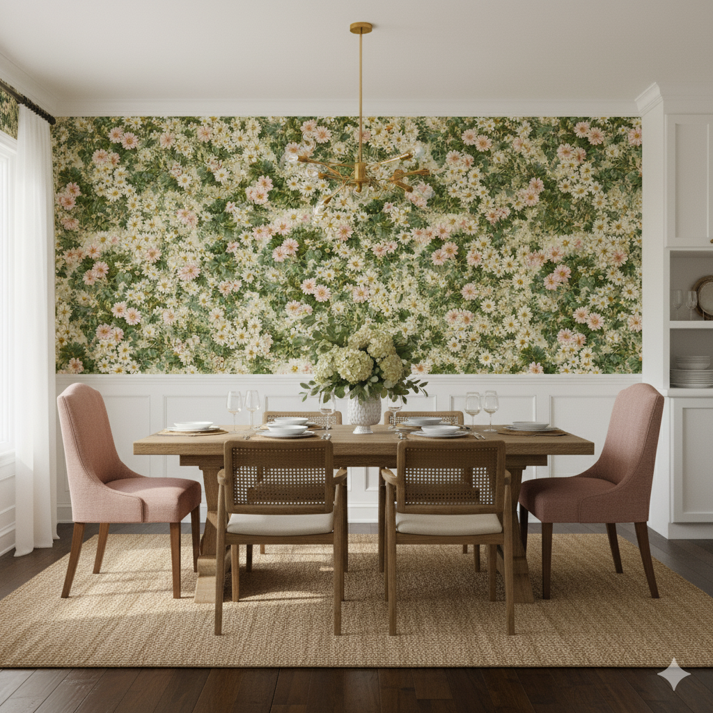 Marigold Meadow wallpaper with a daisy and marigold floral pattern, covering the dining room wall.
