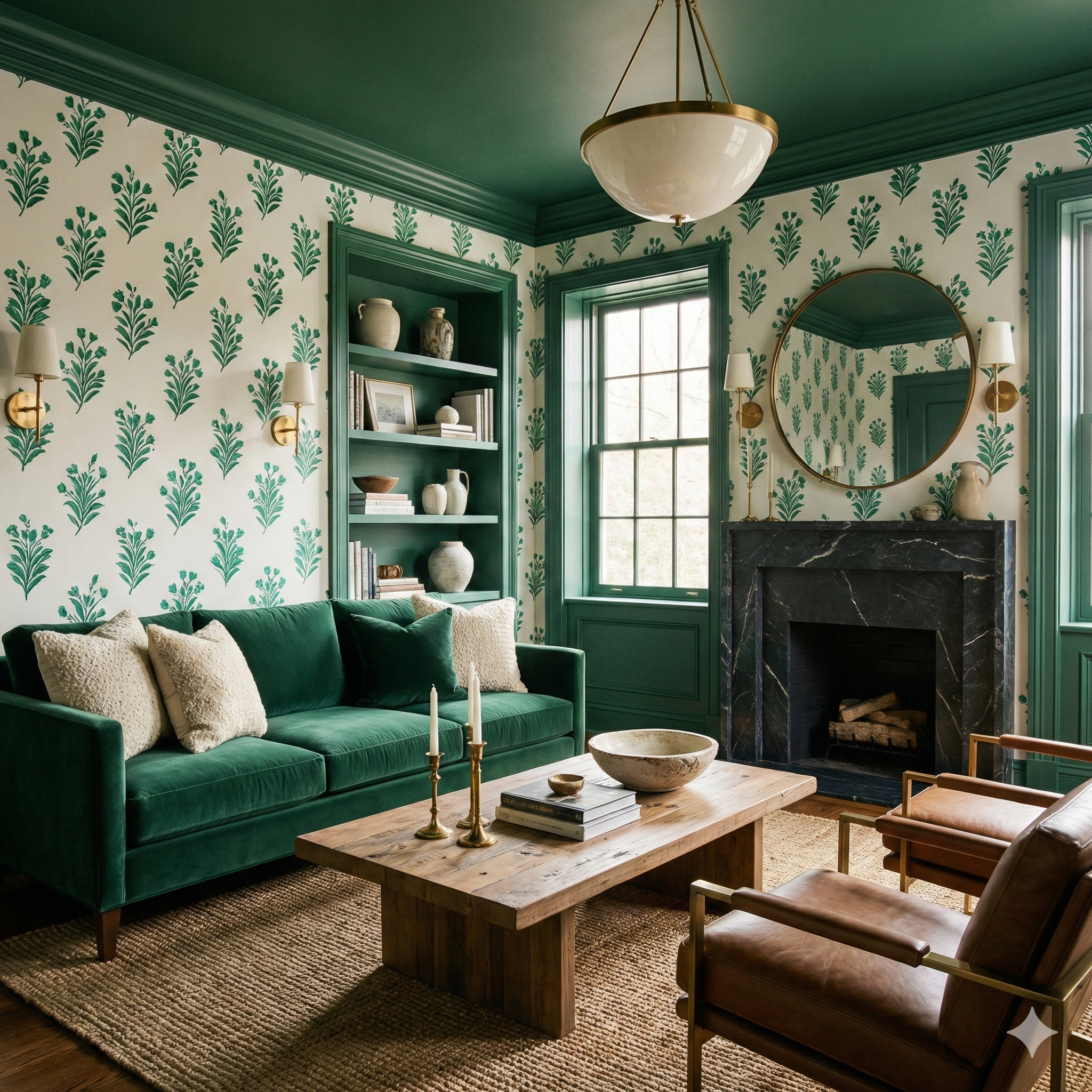 Verdant stem register wallpaper with green floral pattern on a cream background.
