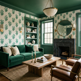 Verdant stem register wallpaper with green floral pattern on a cream background.
