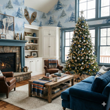 Blue tree print wallpaper with snowy mountain details.