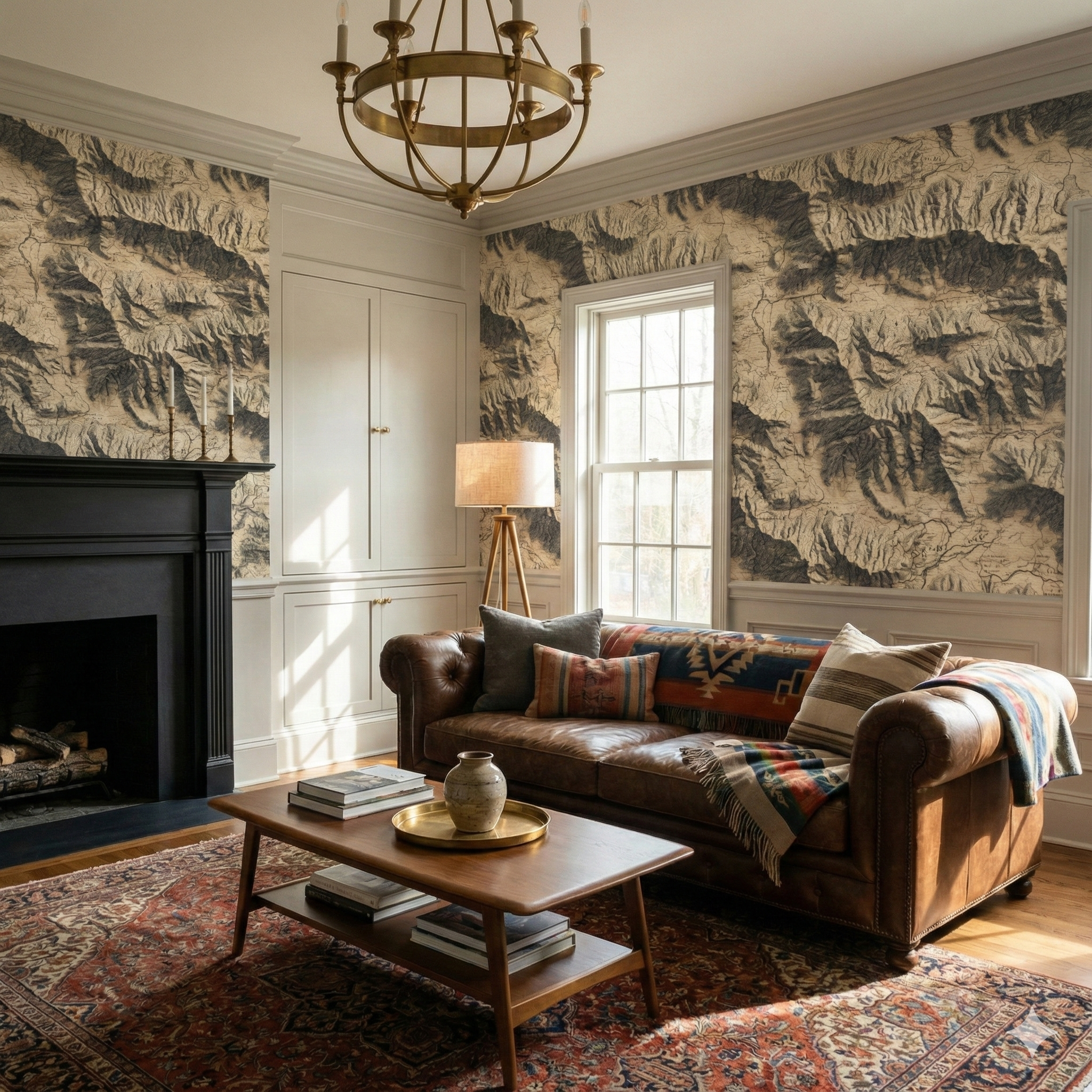 Alta Ridge Survey wallpaper with mountain design on the walls, with trim and a chandelier.