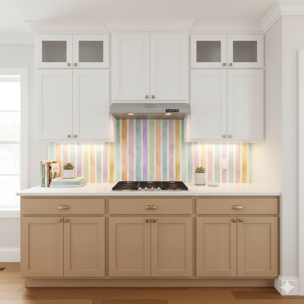 Pastel Promenade Wallpaper with colorful vertical stripes, shown installed as a kitchen backsplash.
