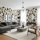 Patterned Blackwing Hollow wallpaper with bird design, covering the living room walls.