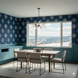 Nordic Hearth Wallpaper with snowflake pattern on blue background.