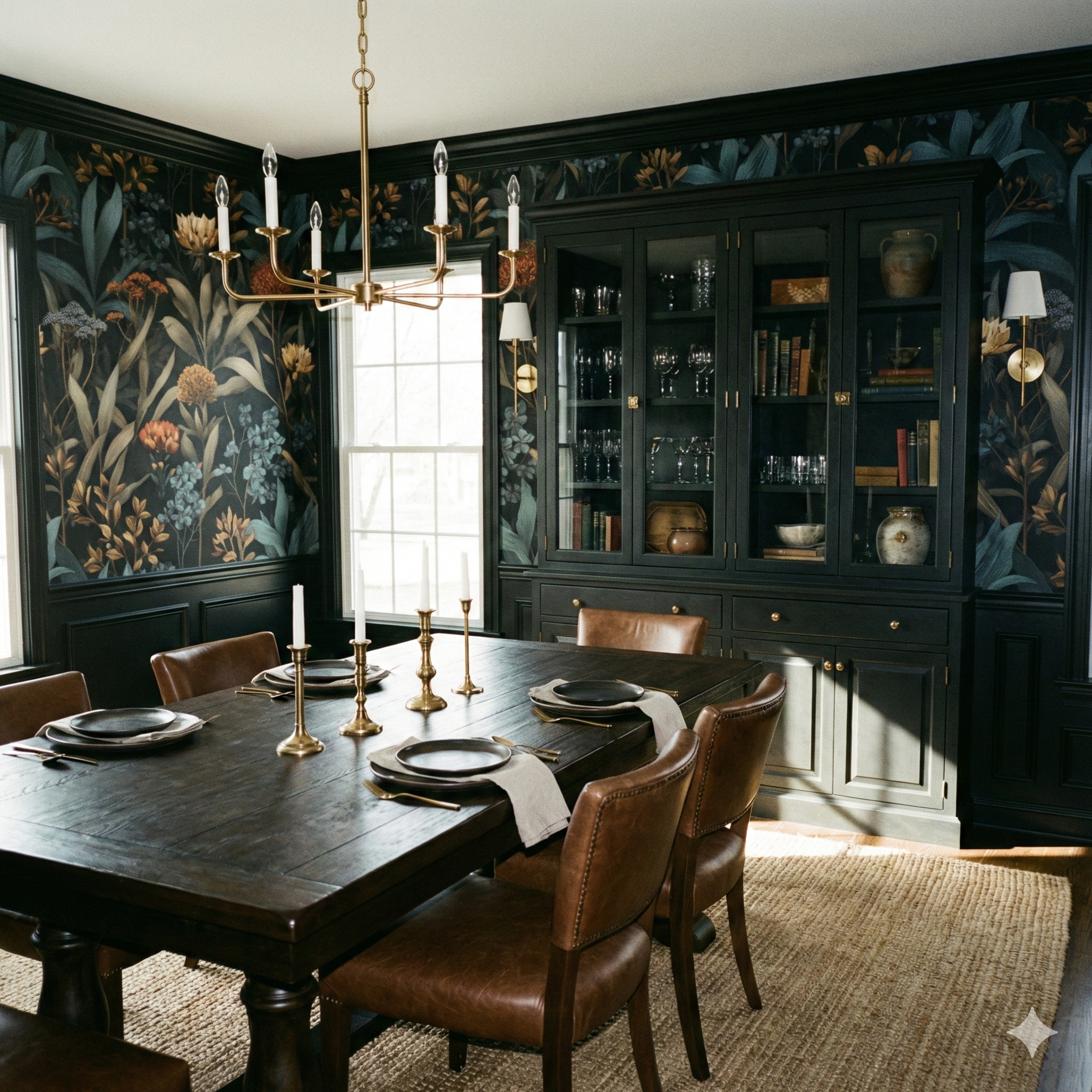 Ashroot Garden Wallpaper with a floral pattern, on a dining room wall.