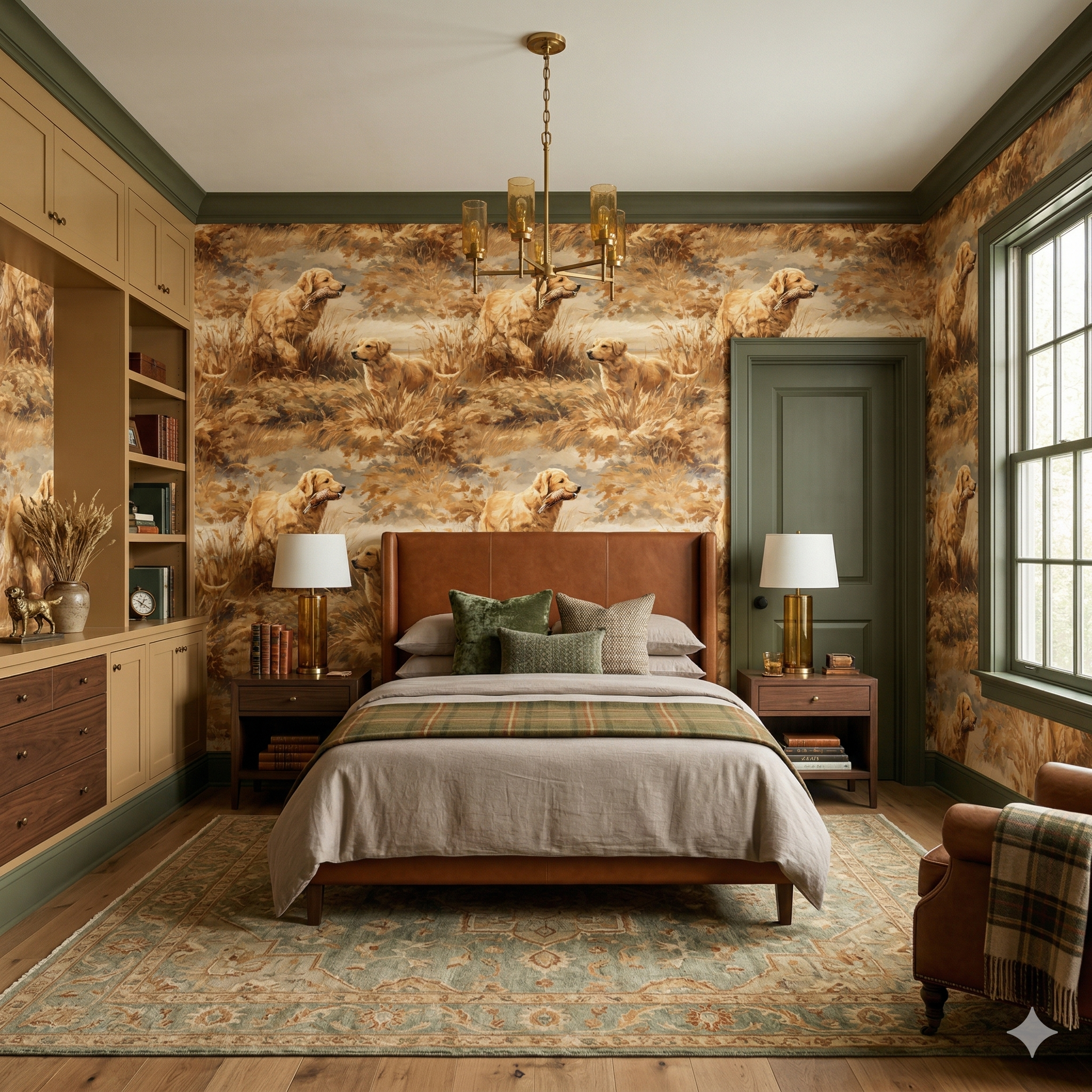 Gilded Quarry Wallpaper with golden retriever pattern details.

