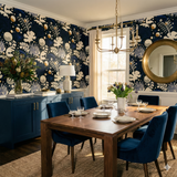 Lunar Coraline Wallpaper featuring a botanical pattern in navy blue, white, and gold