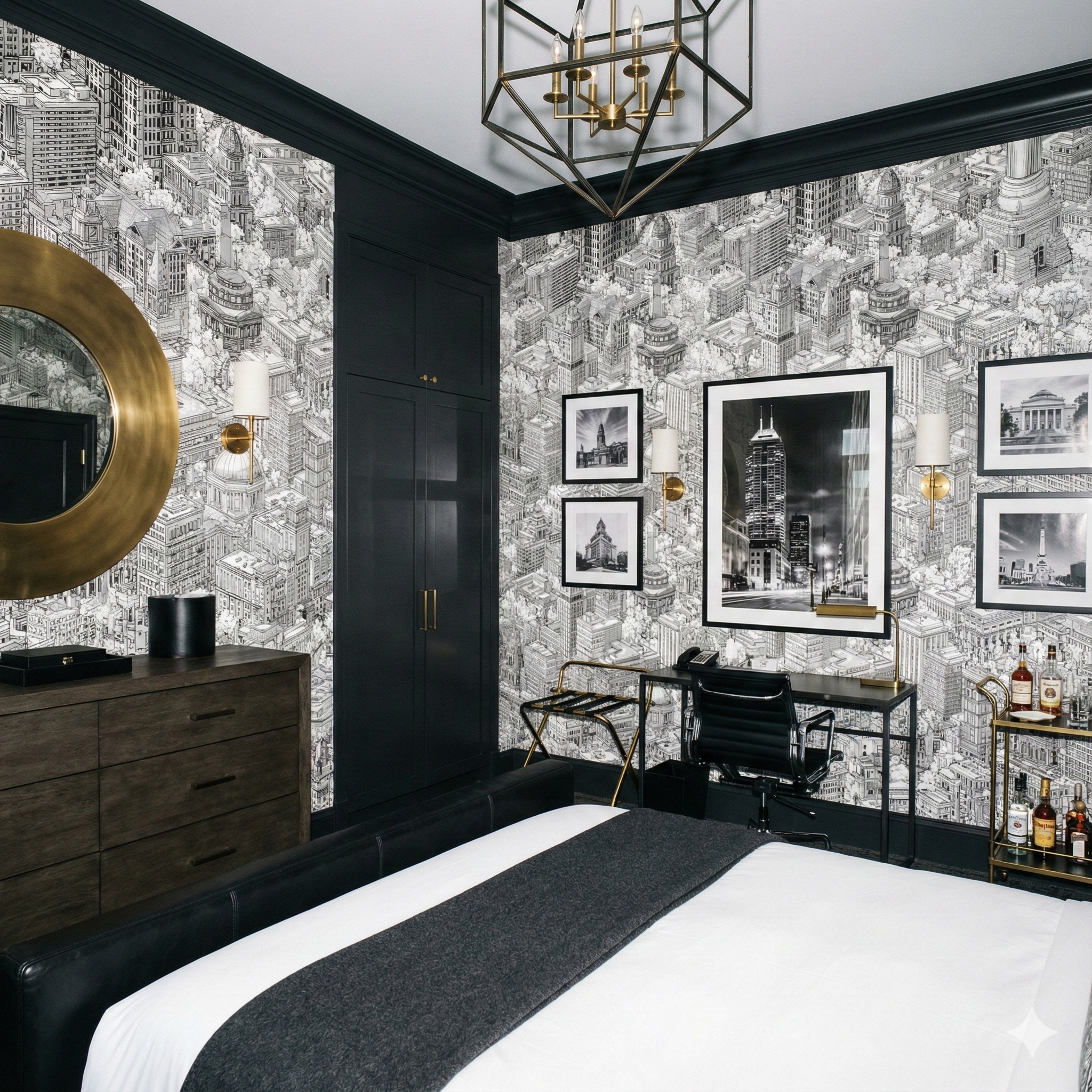 Capitol Square Cluster wallpaper with a black and white city pattern on the wall.