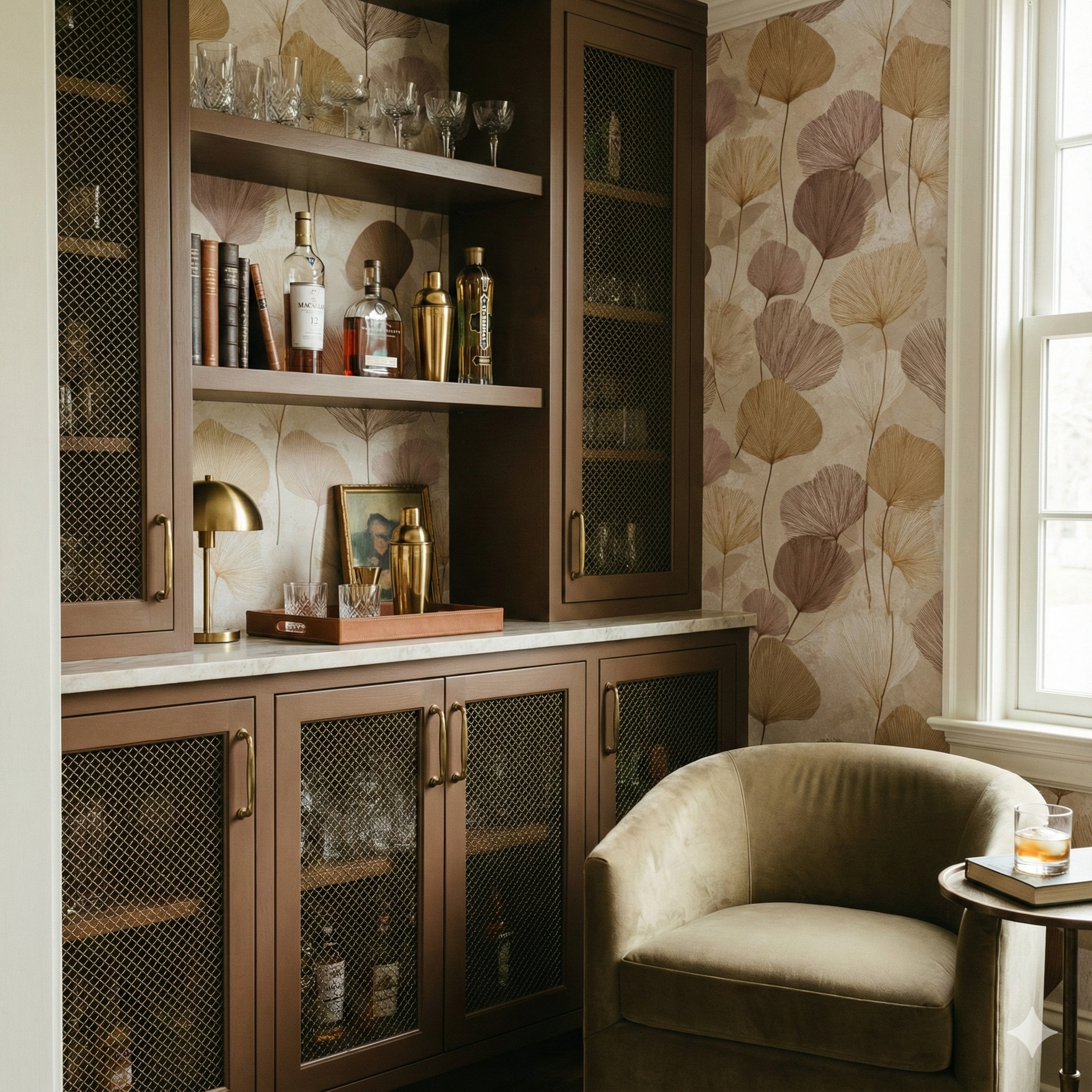 Botanical wallpaper with canopy pattern, featuring shades of brown and beige.
