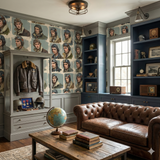 Aviator Studies Wallpaper with portraits of pilots, displayed in a room with vintage aviation decor.
