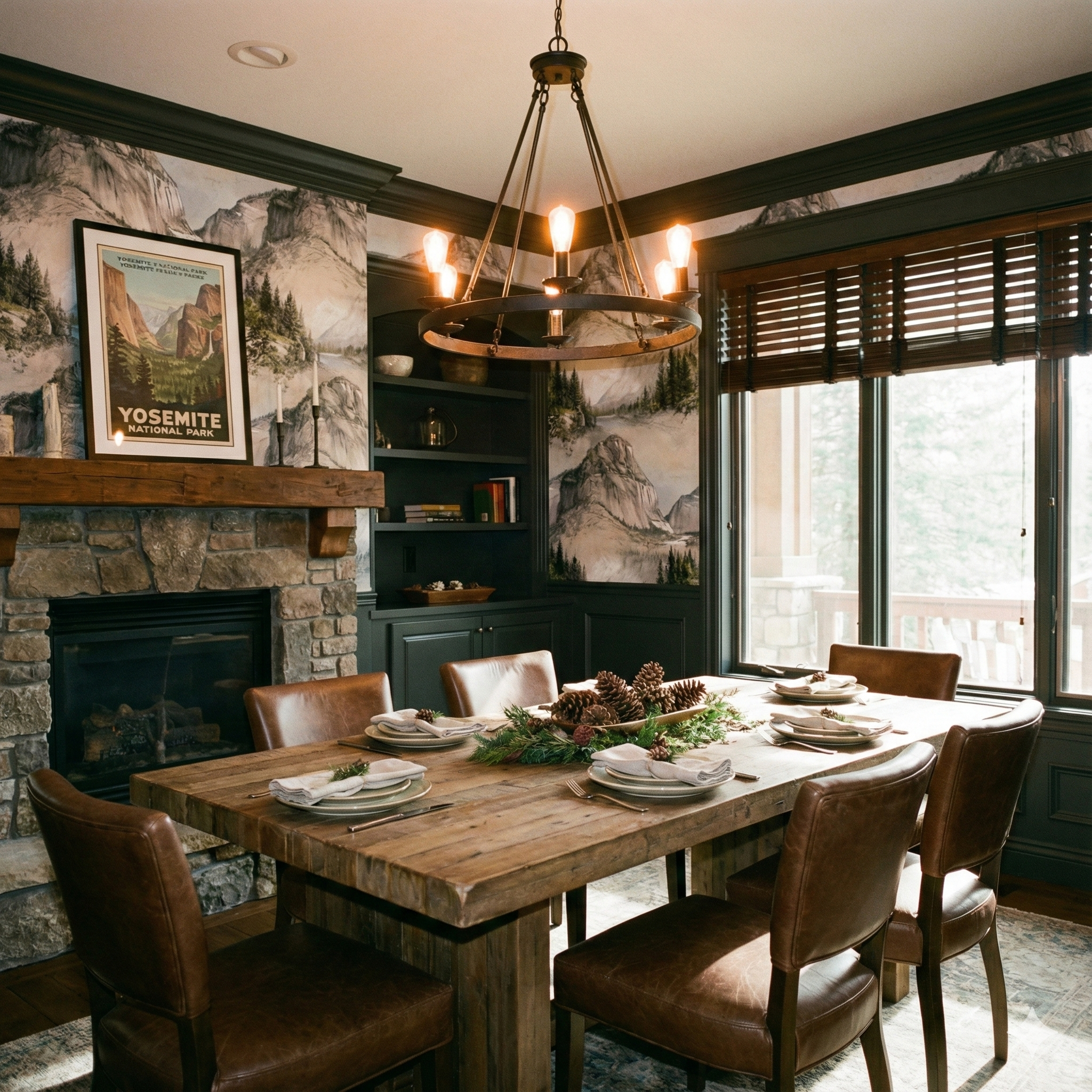 Scenic Sierra Etchings Wallpaper with mountain motif and forest details, creating a nature-inspired ambiance.