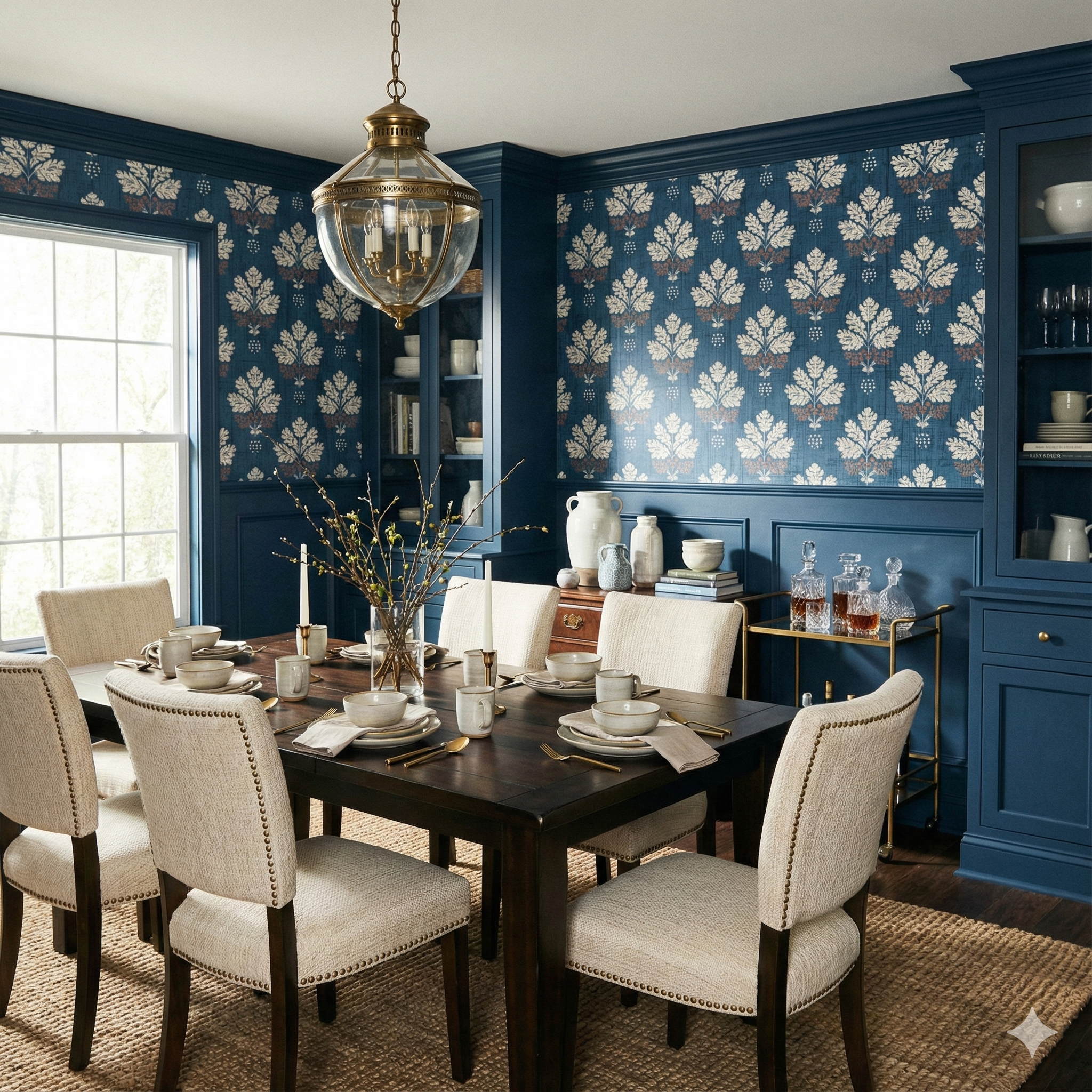 Blue patterned wallpaper from Fieldhouse, paired with blue wainscoting in a dining room setting.