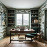 Cabin Ridge Wallpaper with trees and cabin pattern, covering the walls of a home office.