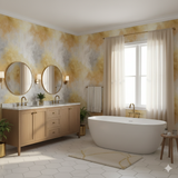 Textured Auric Veil Wallpaper, with an abstract gold and gray pattern, covering the bathroom walls.