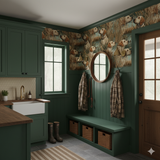 Duckhaven wallpaper with dog pattern on the wall, covering the upper portion of a mudroom.