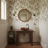 Olive-patterned wallpaper with green leaves and dark purple olives, creating a natural and elegant design.