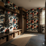 Red Eye Lake Wallpaper with a duck motif, on the walls of a mudroom.

