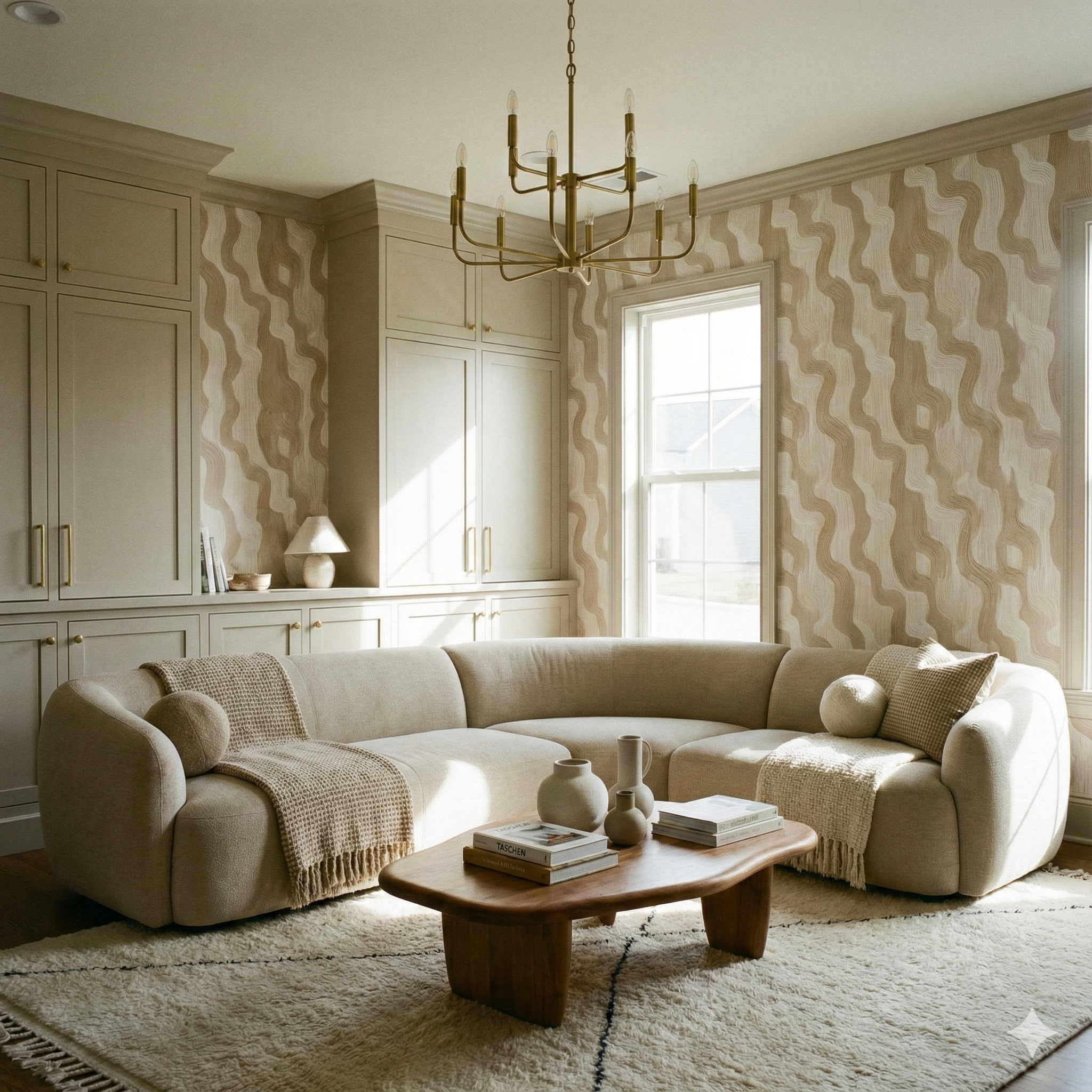 Patterned wallpaper with flowing design, by Wovenshore, in beige and white tones and textured finish.
