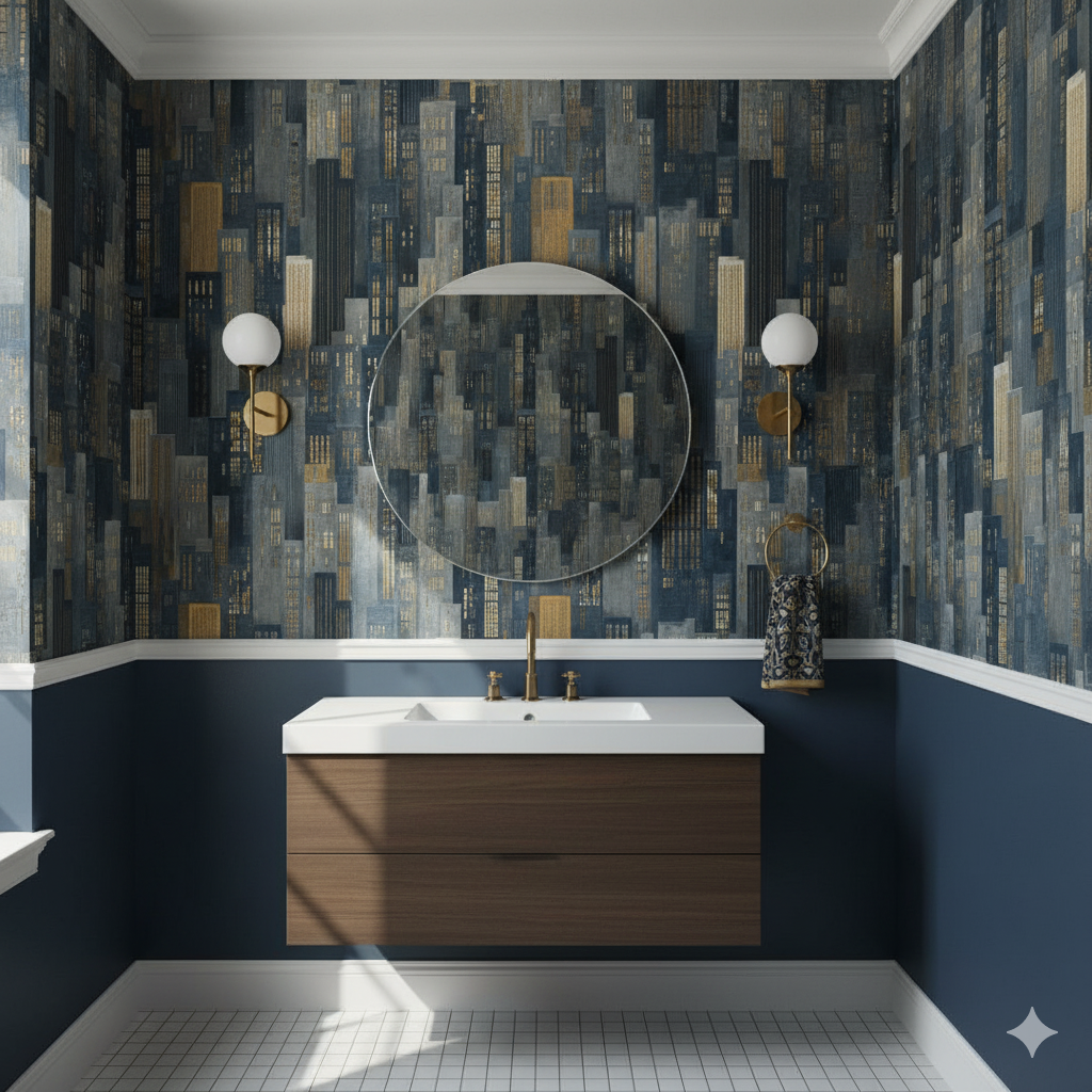 Manhattan Meridian Wallpaper with cityscape pattern on an accent wall in a bathroom interior.