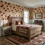 Ciderhouse Carnations Wallpaper with red floral pattern on a beige background covering the bedroom wall.