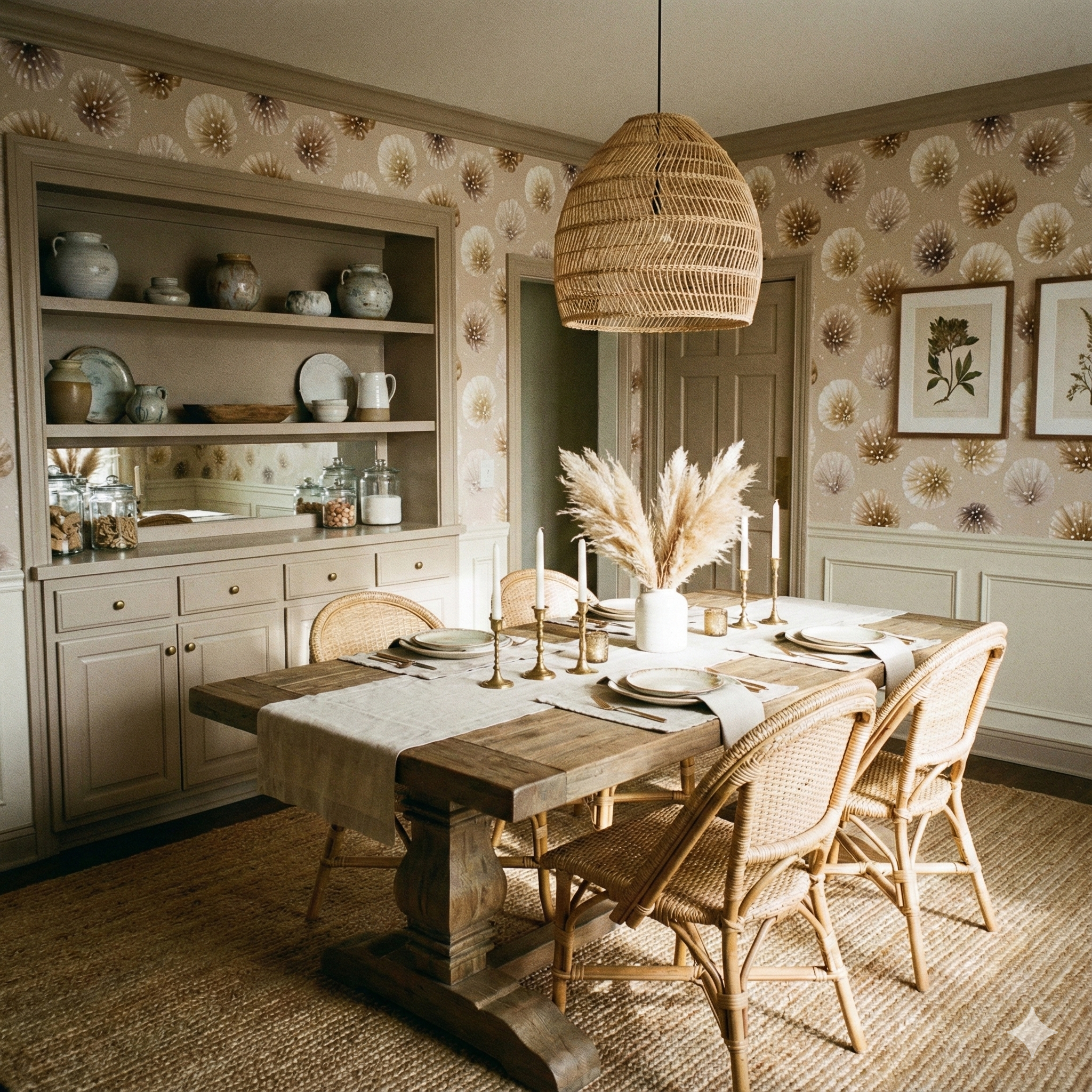 Palladium Blush wallpaper with floral pattern against a neutral backdrop, complemented by white wainscoting and framed botanical art.