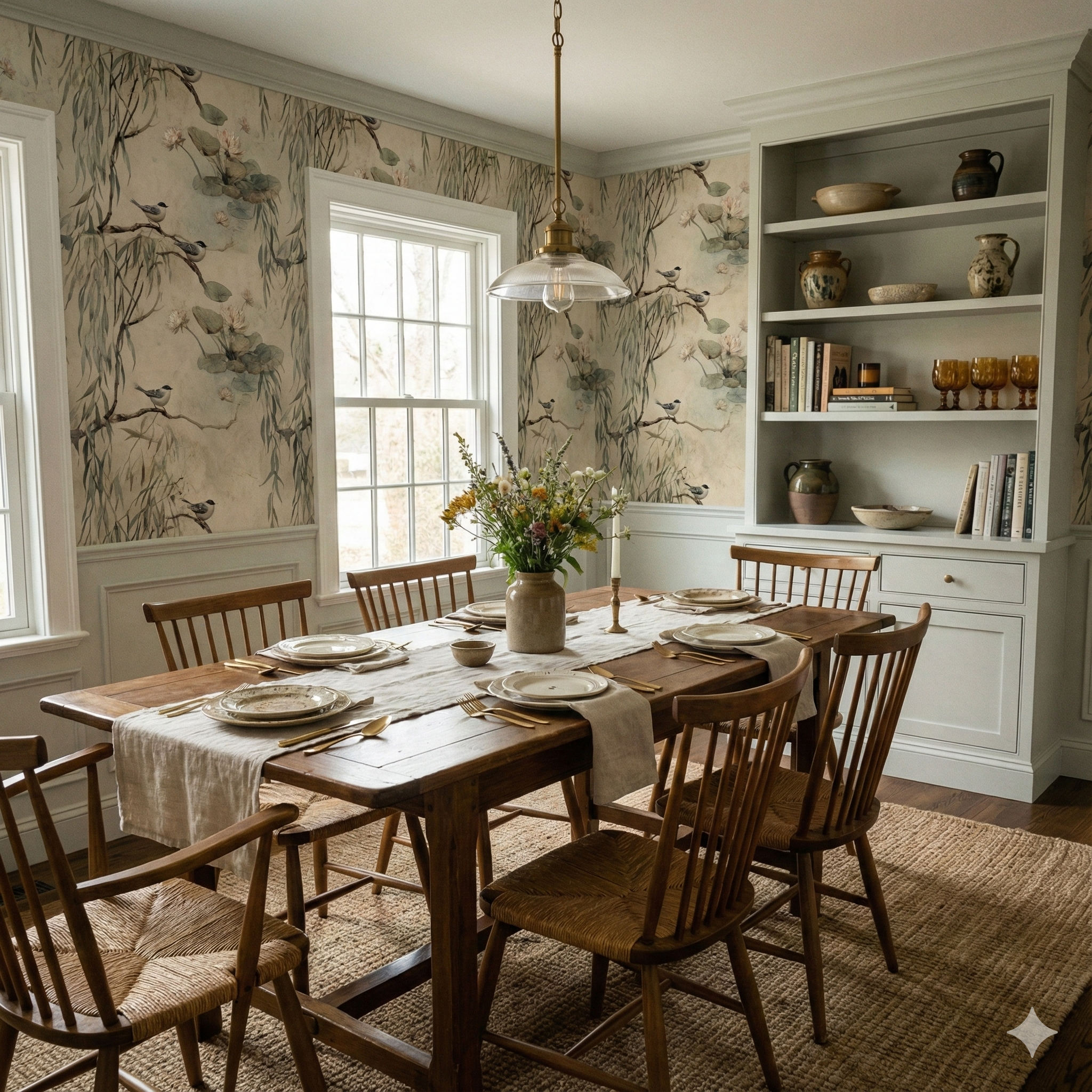 Willowshade Sanctuary wallpaper with birds and lily pads, covering the dining room wall.