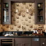 Whiskey glass patterned wallpaper from Draft & Dram, adorning a stylish bar setup.
