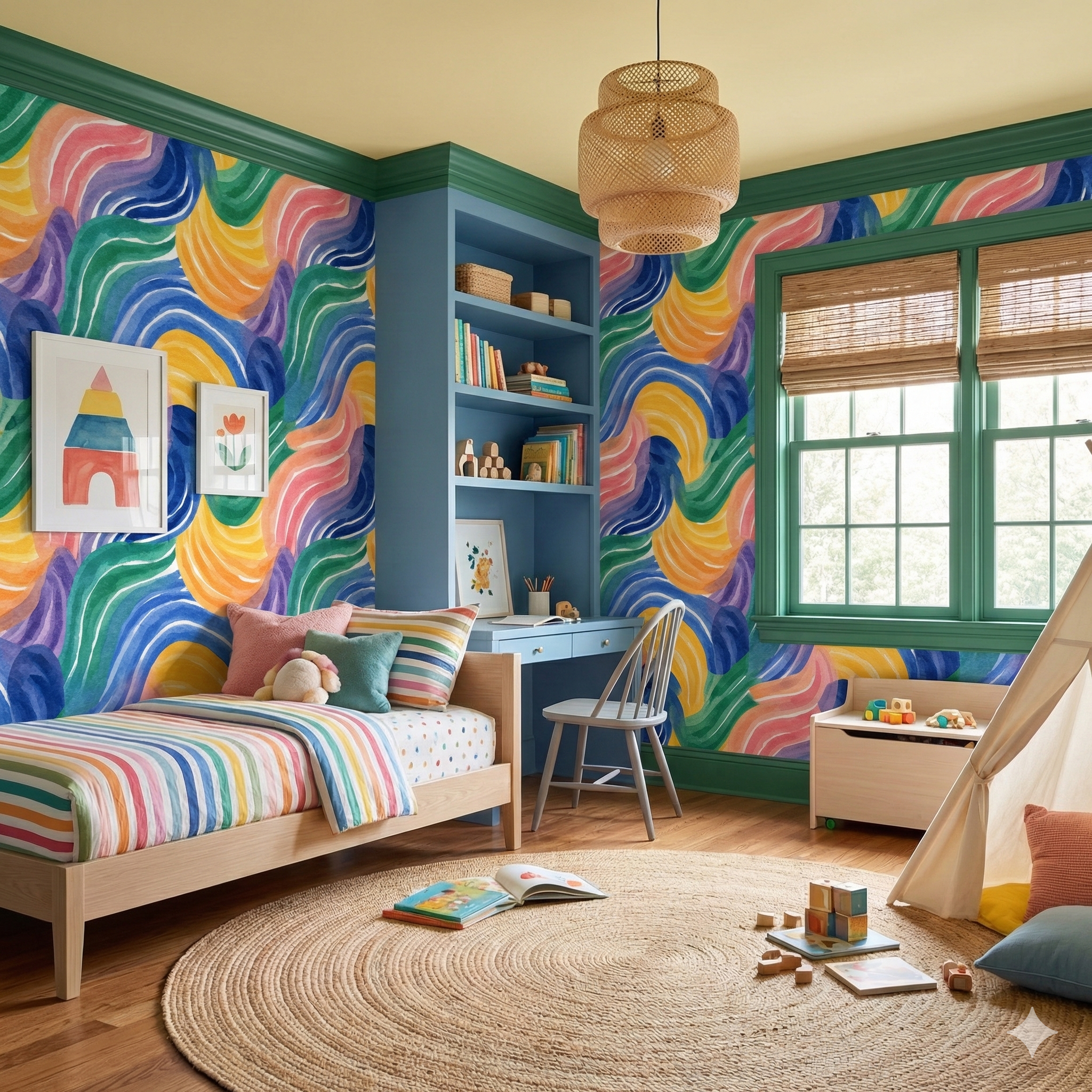 Colorful watercolor waves wallpaper with brushstroke pattern, in a playful child's bedroom interior.