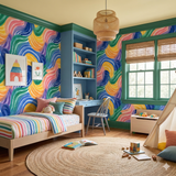 Colorful watercolor waves wallpaper with brushstroke pattern, in a playful child's bedroom interior.