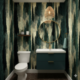 Cypressoire wallpaper with an abstract tree pattern, in shades of green and beige, covering the bathroom walls.
