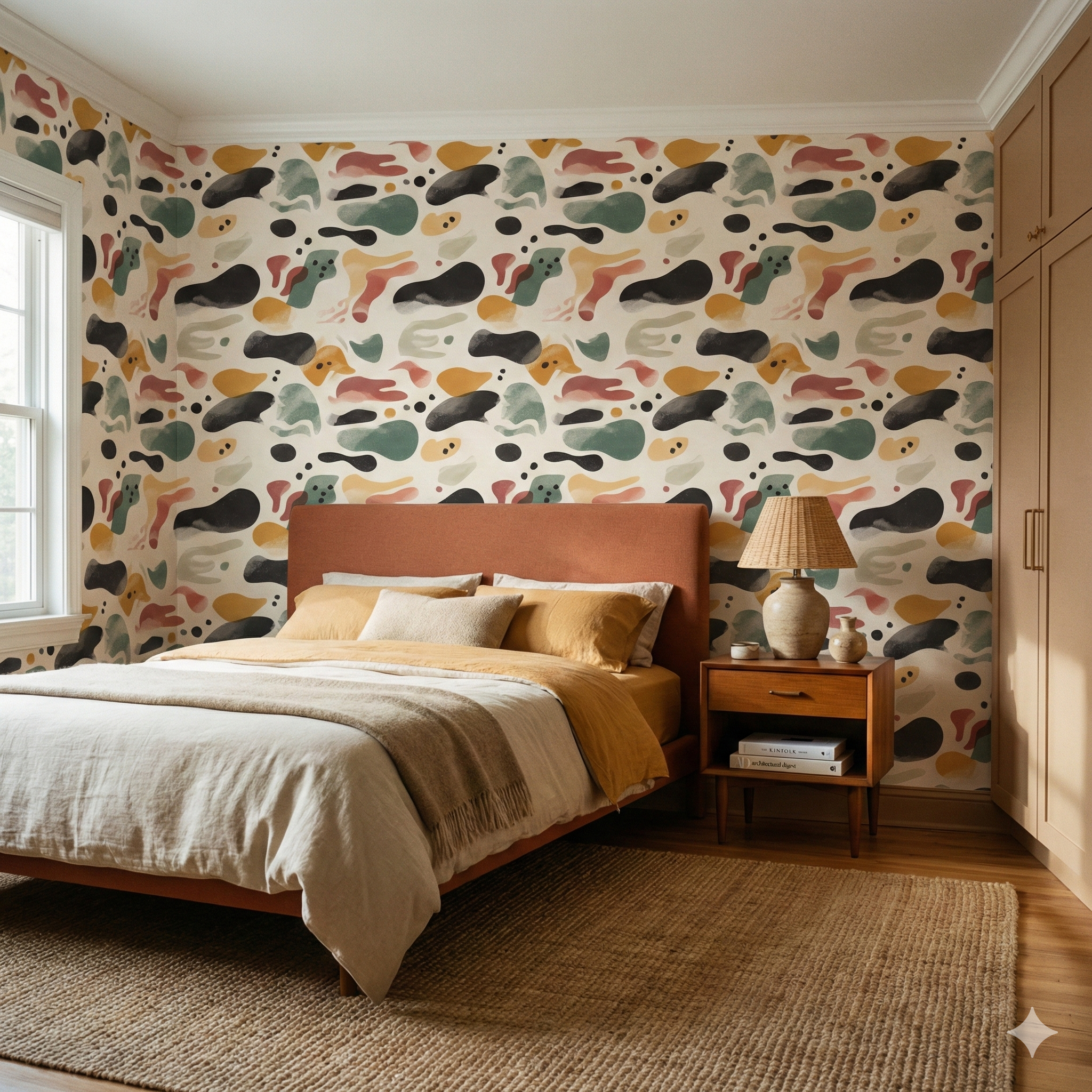 Abstract patterned wallpaper with shapes by Gust Drift, on a bedroom wall.