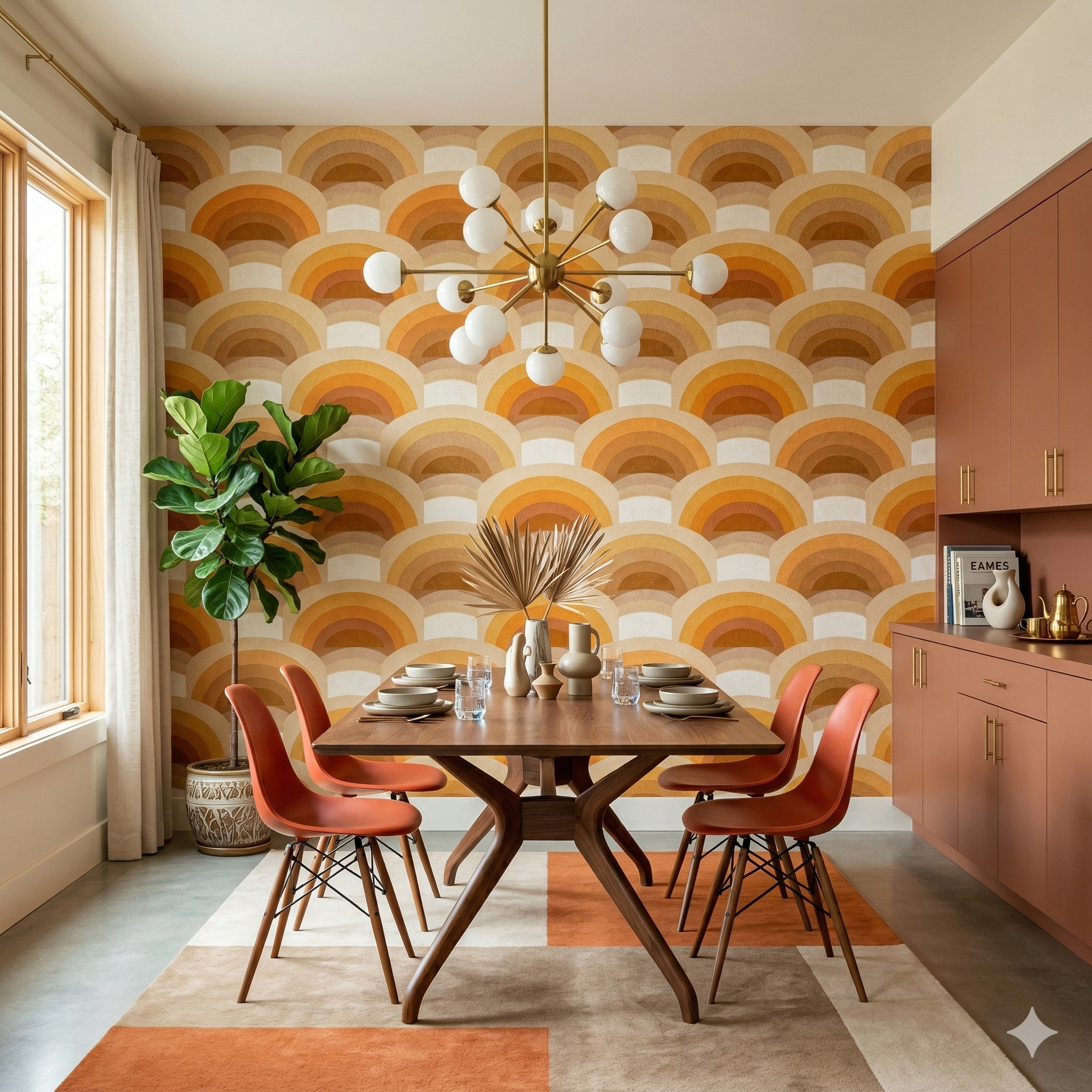 Solara Arcade wallpaper with retro orange half-circle design, complemented by a dining room setting.
