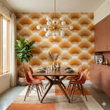 Solara Arcade wallpaper with retro orange half-circle design, complemented by a dining room setting.
