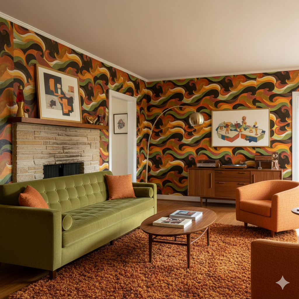 Retro-style orange wallpaper featuring a swirling pattern by an unspecified brand, adorning a living room with shag carpet.
