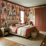 Desert Aurelia Wallpaper with orange-toned abstract portraits, displayed in a bedroom setting.
