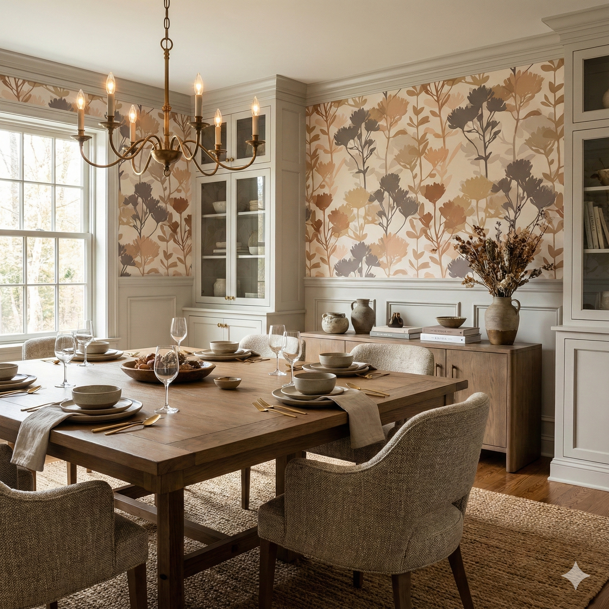 Floral Solera Meadowveil Wallpaper with beige, brown and grey foliage motif.