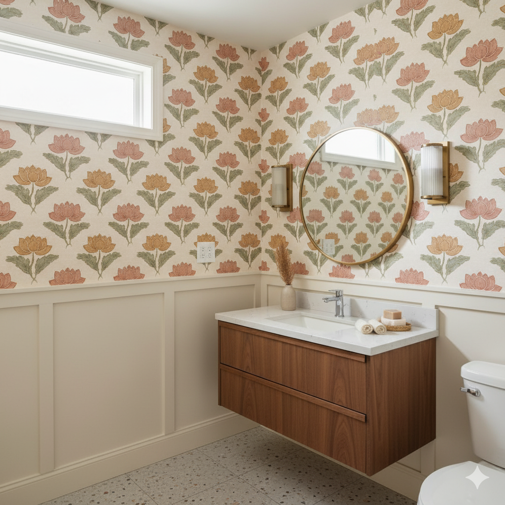 Kaveri Lotus Wallpaper with floral pattern, in a bathroom setting with wainscoting and a floating vanity.
