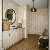 Floral wallpaper with subtle botanical pattern, featuring winterling stems, and neutral tones.
