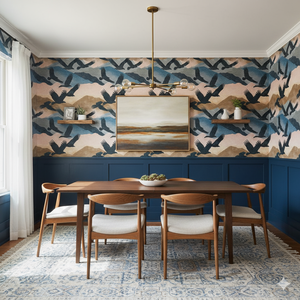 Condor's Rest wallpaper featuring birds and mountain patterns, with blue paneled wainscoting and brass chandelier.
